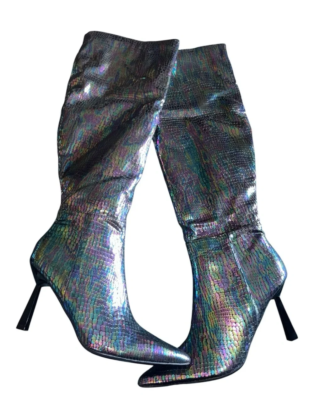 Iridiscent Mermaid Black Knee-High Stiletto Boot size 11 NWOT